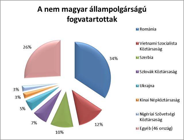 A magyarországi börtönökben 2012-ben 11981 főt tartottak fogva, a nem magyarok közötti megoszlást az ábra mutatja. Forrás: BVOP