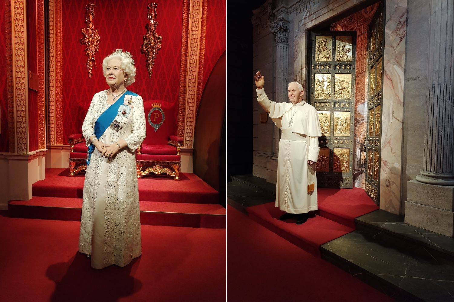 II. Erzsébet brit királynő és Ferenc pápa viaszszobra.