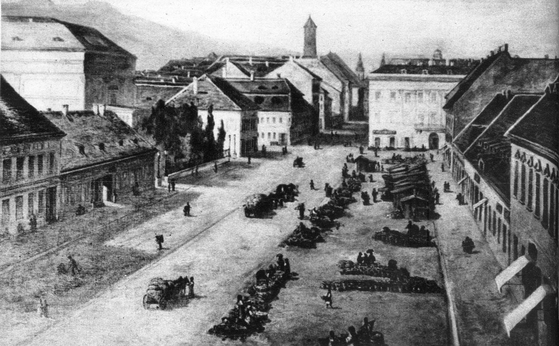 A Kerepesi, ma Rákóczi út – balra a kimagasló Nemzeti Színház mellett a földszintes Griff korcsmával –, szemben a Hatvani, ma Kossuth Lajos utca és a Zrínyi kávéház 1854-ben