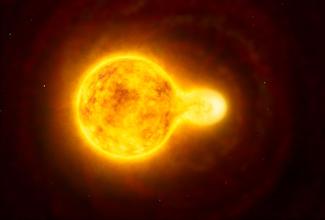 Fantáziarajz a HR 5171 fedési kettősről. Az ESO VLTI interferométer mérései alapján a Napnál 1300-szor nagyobb főkomponens és a kísérő olyan közel vannak egymáshoz, hogy össze is érnek.