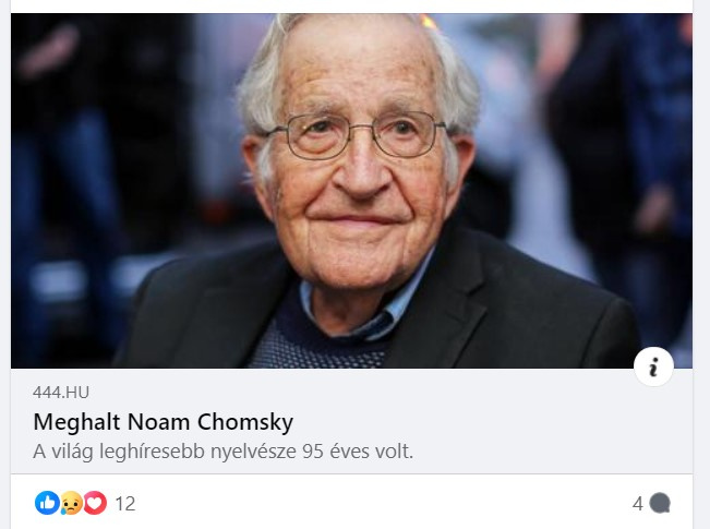 Noam Chomsky halálhíréről szólt a 444 cikke is, melyet azóta eltávolítottak