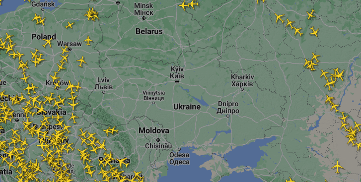 Az Ukrajna felett légtér a Flightradar24 térképén