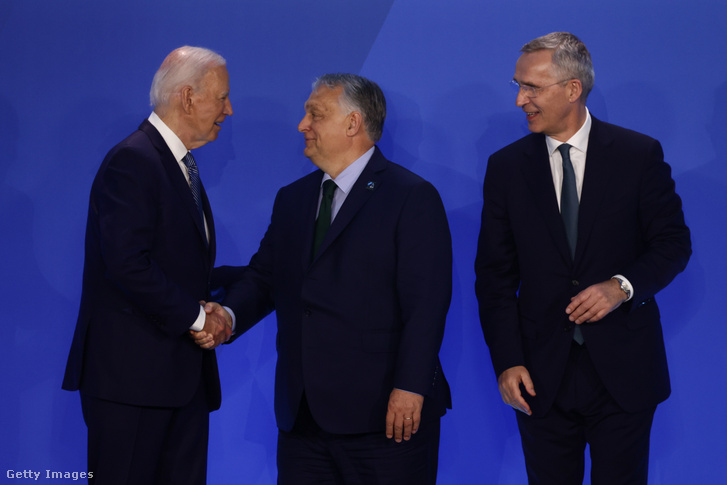 Joe Biden, Orbán Viktor és Jens Stoltenberg 2024. július 10-én