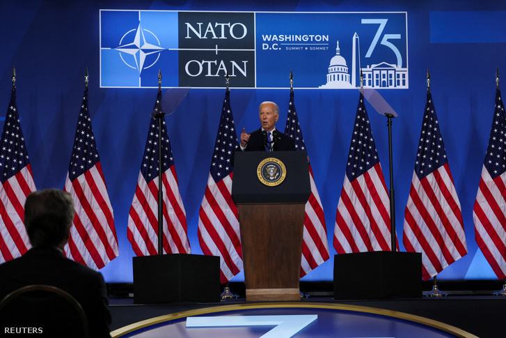 Joe Biden amerikai elnök sajtótájékoztatón vesz részt a NATO 75. évfordulós csúcstalálkozóján az Egyesült Államokban, Washingtonban 2024. július 11-én