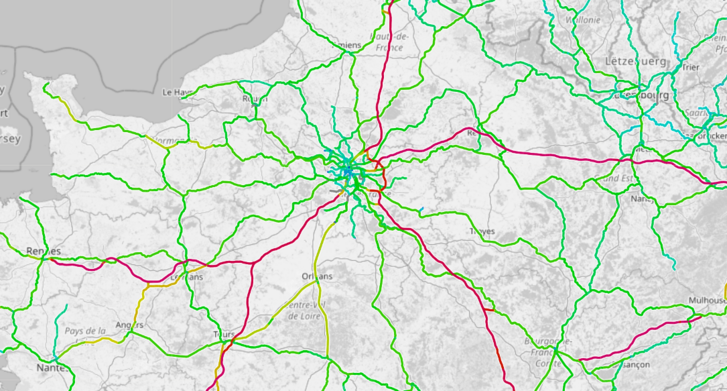 A francia vasúthálózat térképe, amely bordóval jelöli a nagysebességű vonalak, zölddel pedig a normál sebességű vonalakat. Jól látható, hogy a vonalak egymással párhuzamosan futnak, csak ritkán van köztük kapcsolat. - kép forrása: Open Railway Map
