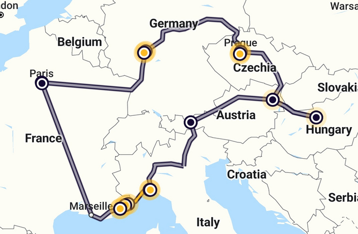 Utunk térképe az Interrail alkalmazásán.