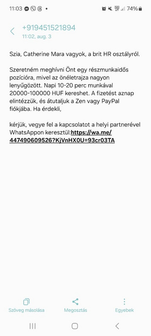 Olvasónknál próbálkoztak a csalók SMS-ben, olyan szöveggel, mintha munkát keresne