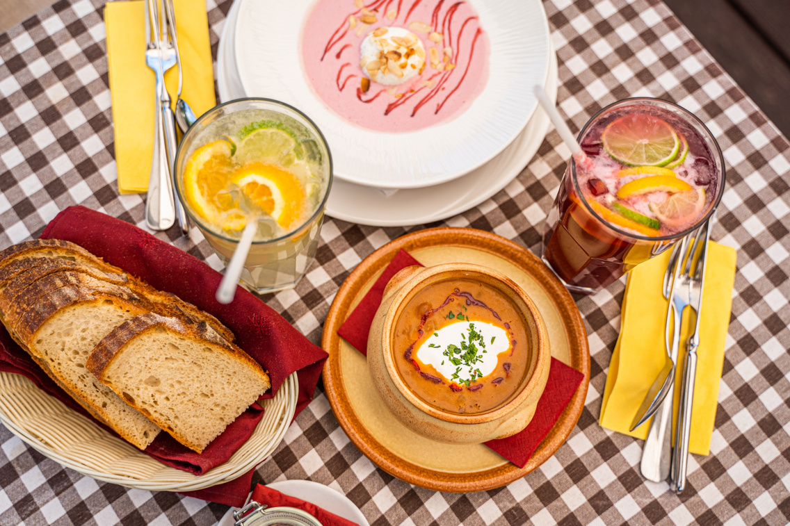 Beans soup with sour cream and sourdough bread