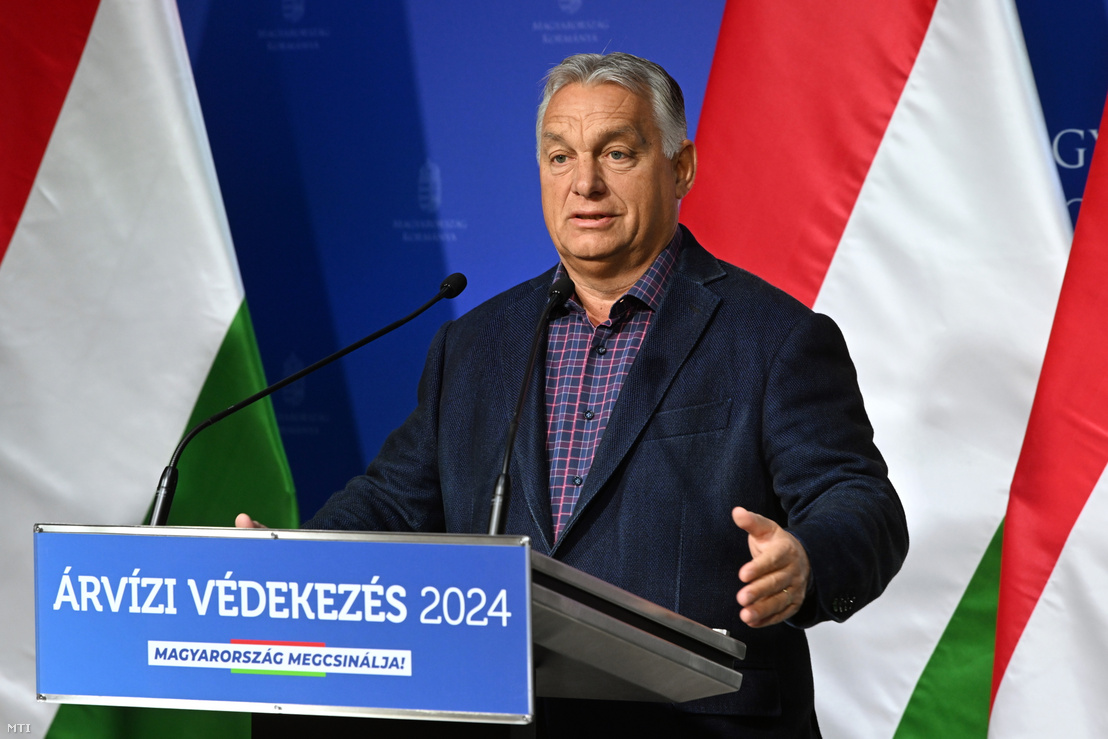 Orbán Viktor miniszterelnök az árvíz elleni védekezésről tartott sajtótájékoztatón 2024. szeptember 20-án