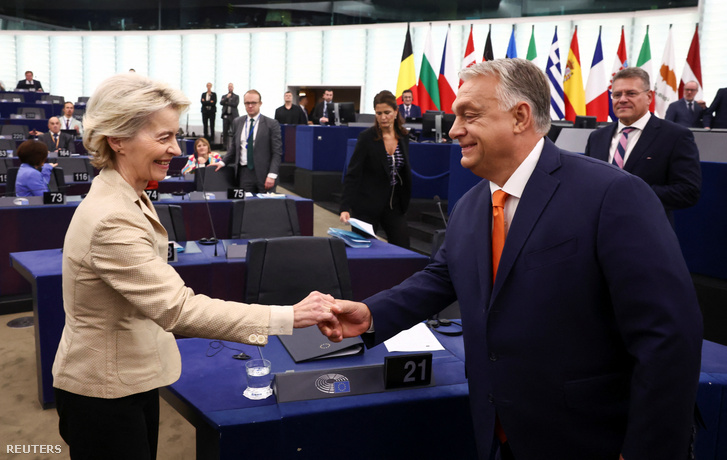 Orbán Viktor találkozik Ursula von der Leyen európai bizottsági elnökkel azon a napon, amikor beszédet mond az Európai Parlamentben országa féléves uniós tanácsi elnökségéről Strasbourgban 2024. október 9-én