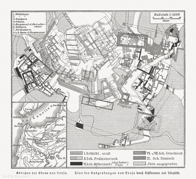Schliemann térképe a trójai ásatásokról: a kutató a VI. réteget tartotta a homéroszi Trójának