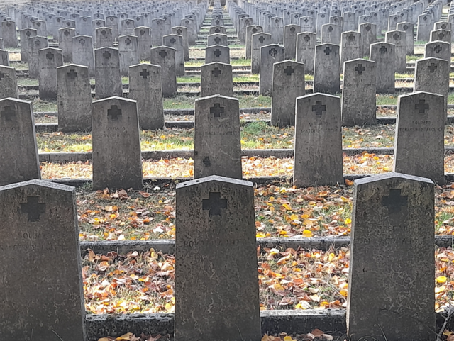 Sírkövek végtelennek tűnő sora az olasz katonai temetőben