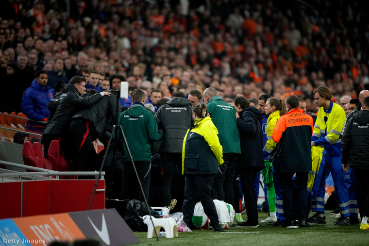 Szalai Ádámot körbeálló stábtagok a Hollandia-Magyarország NL-meccsen. (Fotó: Soccrates Images / Getty Images Hungary)