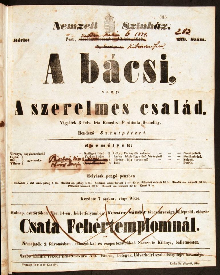 1848-as bérlet a Nemzeti Színházba, egy Remellay által fordított vígjátékra. Sajnos Remellayról magáról nem maradt fenn kép.