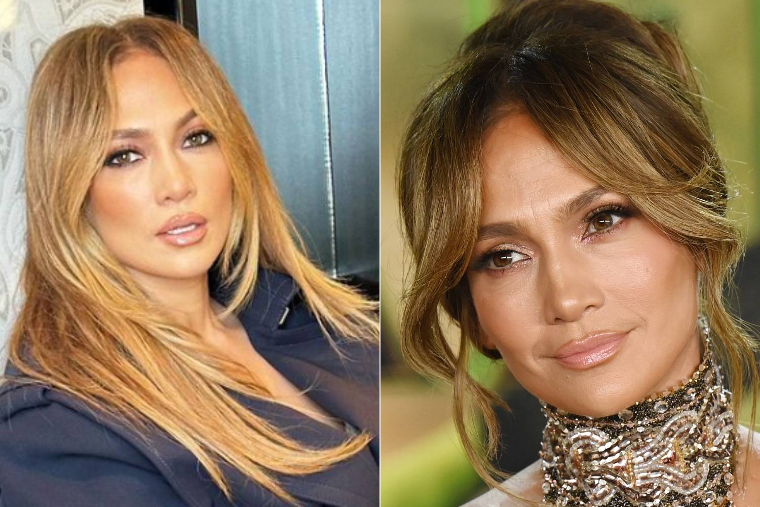 Bal oldalt Jennifer Lopez Instagram-fotója, jobb oldalt a Wicked premierjén készült képe látszik. Bár élőben is kifejezetten gyönyörű nő, a ráncait mindig eltünteti.