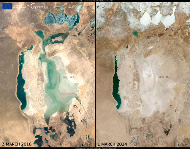 A Copernicus Sentinel-2 műhold által készített felvételek 2016. március 3-án és 2024. március 1-jén