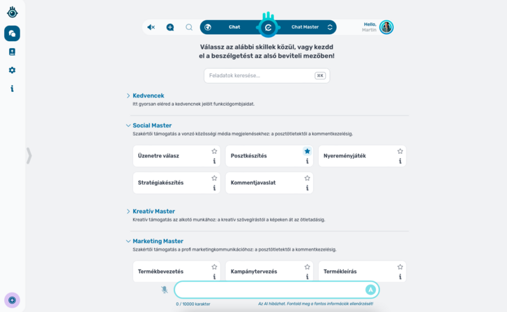 A Skillbot ChatMaster beszélgetésindító képernyője