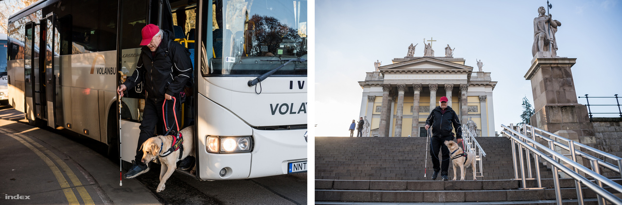 Balra: Miklós leszáll Egerben a buszról. Jobbra: Miklós és Atom az Egri Bazilika előtt