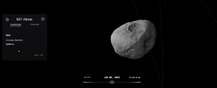 A 887 Alinda elnevezésű aszteroida a NASA Eyes on Asteroids weboldalán