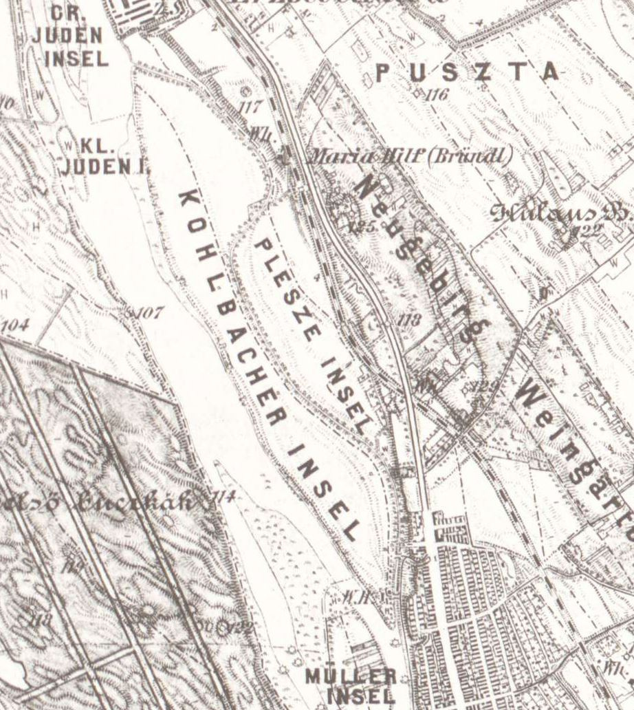 Egy 1880-as térképen. A környékbeli svábok Kohlbacher Inselnek is hívták