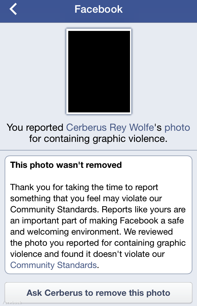 A Facebook szerint a véres fotó nem ütközik a szabályaikba. A képet azóta eltávolították.
