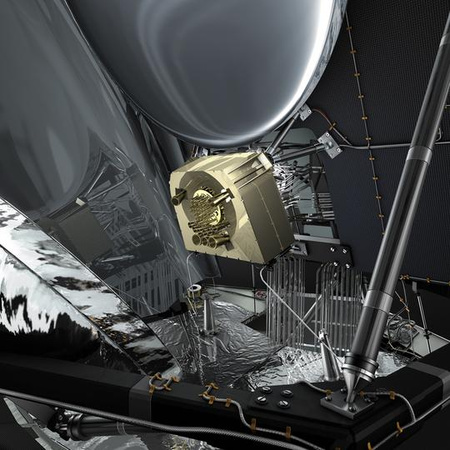 Számítógépes rajz a Planck fókuszsíkjáról. A HFI (High Frequency Instrument) az aranyszínű doboz közepéből kiálló "síperdő", míg az LFI (Low Frequency Instrument) a vastagabb sípokból álló két gyűrű. [ESA/AOES Medialab]