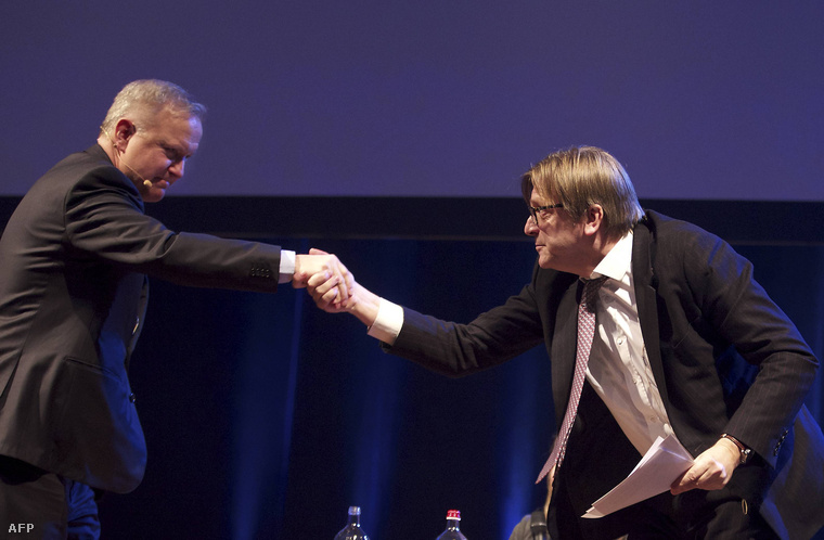 Olli Rehn és Guy Verhofstadt Brüsszelben, 2014. február 1-én.