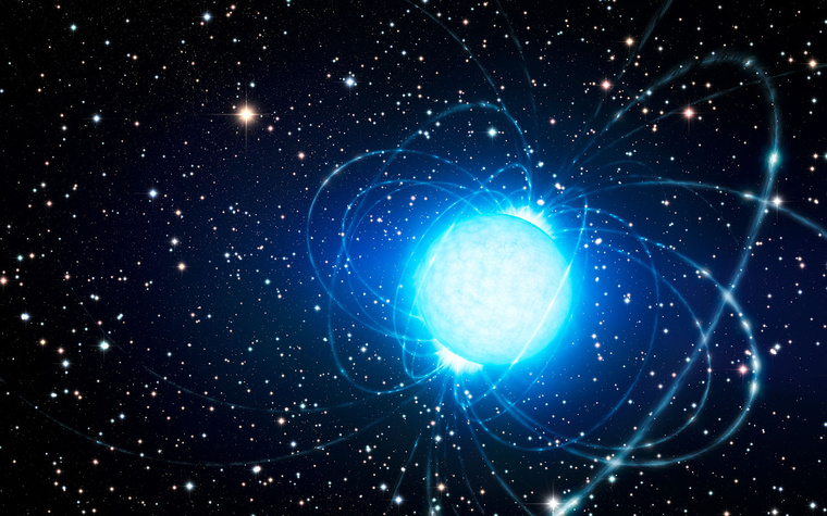 Fantáziarajz a nagyon fiatal és sűrű Westerlund 1 jelű csillaghalmazban található magnetárról. A figyelemre méltó halmaz több száz nagyon nagy tömegű csillagot tartalmaz, amelyek közül némelyik luminozitása a Napénak milliószorosa. Az új eredmény szerint a rendkívül erős mágneses térrel rendelkező neutroncsillag egy kettős rendszer egyik komponensének maradványa.