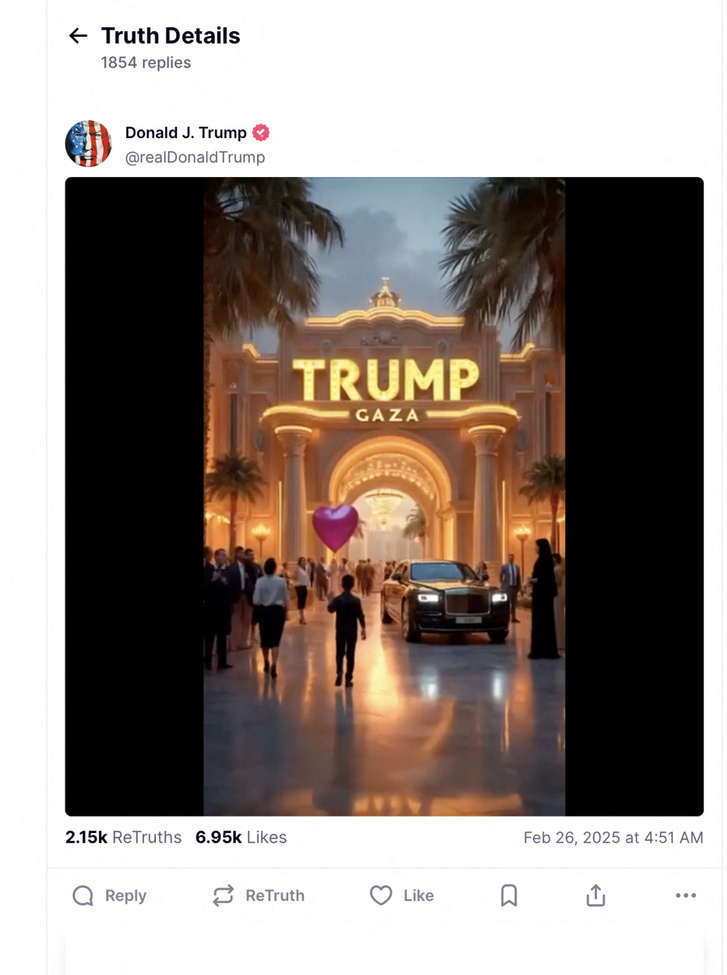 Trump maga is megosztotta az AI-generált videót a luxusdesztinációvá fejlesztendő Gázáról.
