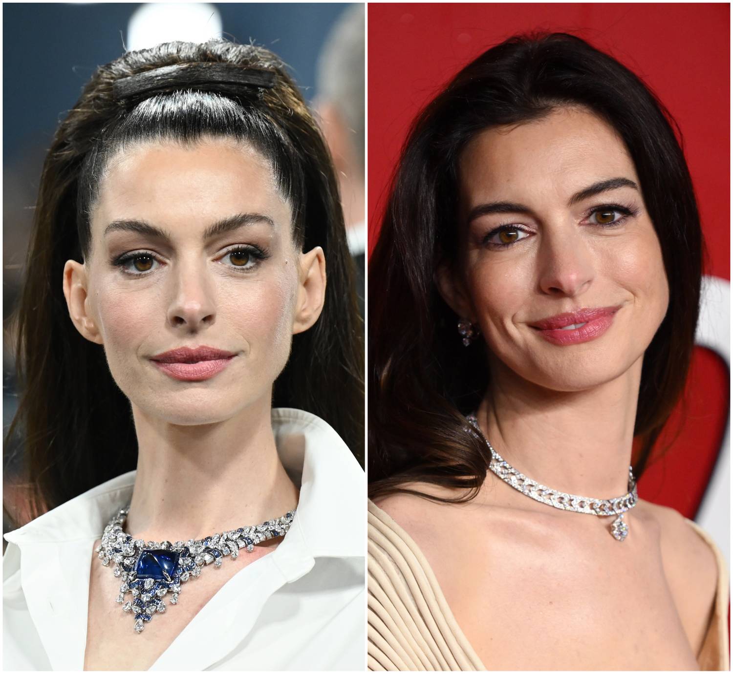 Bal oldalt Anne Hathaway látható a 2025-ös Met-gálán, jobb oldalt pedig egy 2023-as kép róla a The Fashion Awardsról.