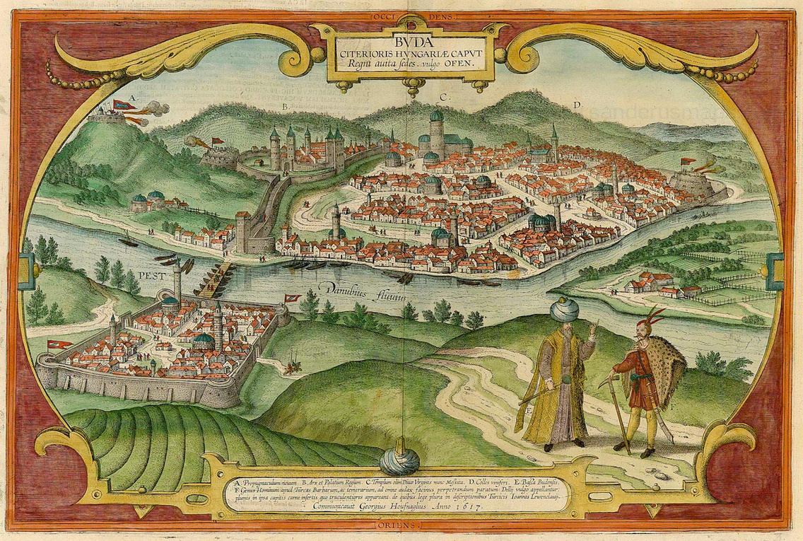 Buda látképe Georg Houfnagel holland festő színezett rézmetszetén 1617-ből