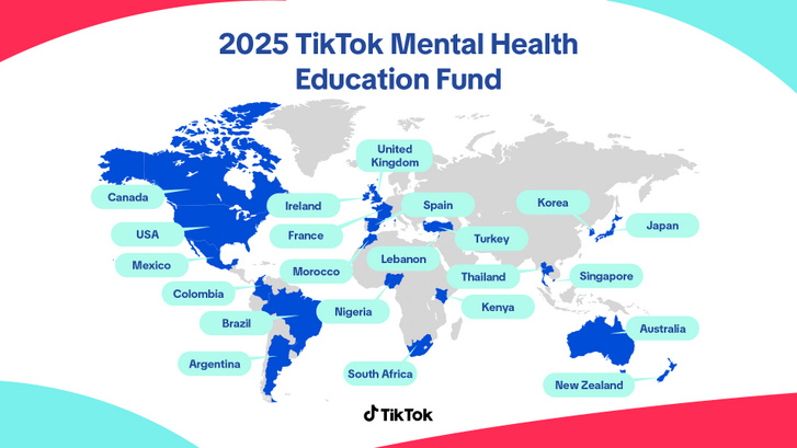 A TikTok Mentális Egészségügyi Oktatási Alap által támogatott országok