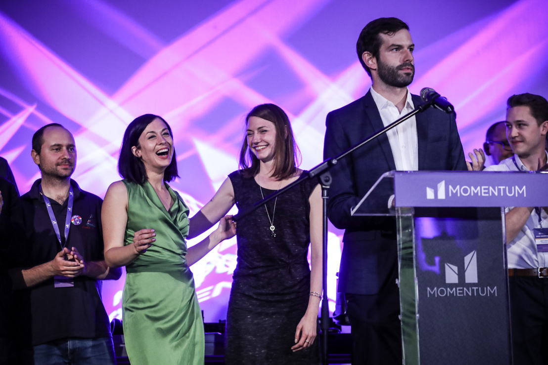 Cseh Katalin, Donáth Anna és Fekete-Győr András a Momentum 2019-es eredményváróján