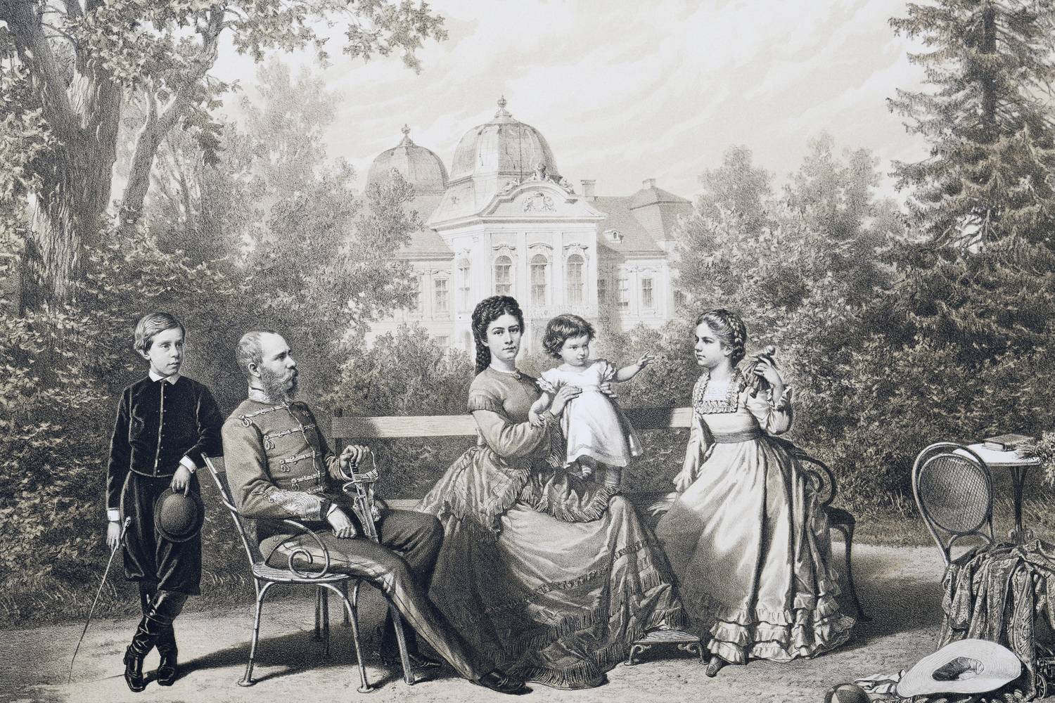 Balról jobbra: Rudolf trónörökös, Ferenc József, Sissi, Mária Valéria, Gizella
