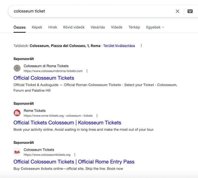 A Google-keresések között az első helyeken önmagukat valótlanul a római Colosseum hivatalos jegyértékesítő felületeinek valló találatok szerepelnek.