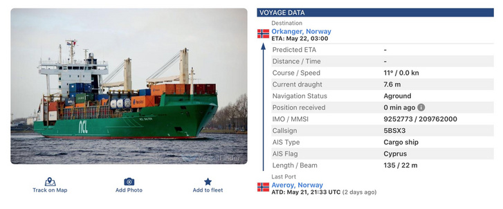 A Vessel Finder szerint május 23-án még zátonyon volt az NCL Salten - Forrás: Vessel Finder
