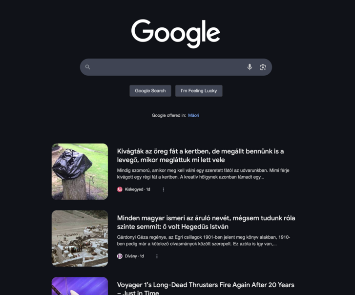 A Google Discover desktopon, Új-Zélandon keresztül