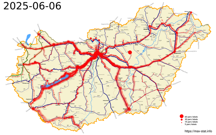 A MÁV tegnapi problématérképe. Forrás: Máv-stat.info