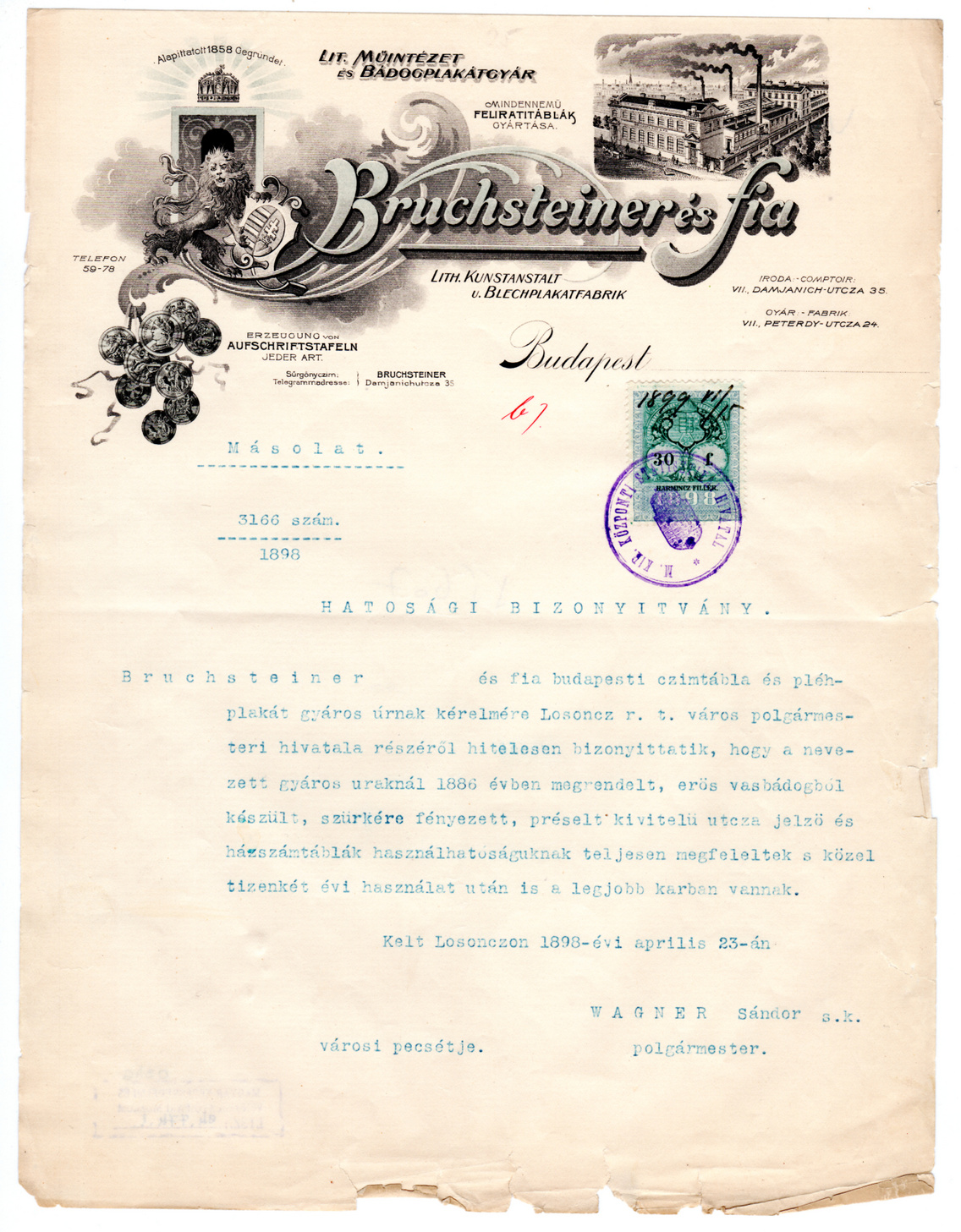 A Bruchsteiner-gyár hatósági bizonyítványa