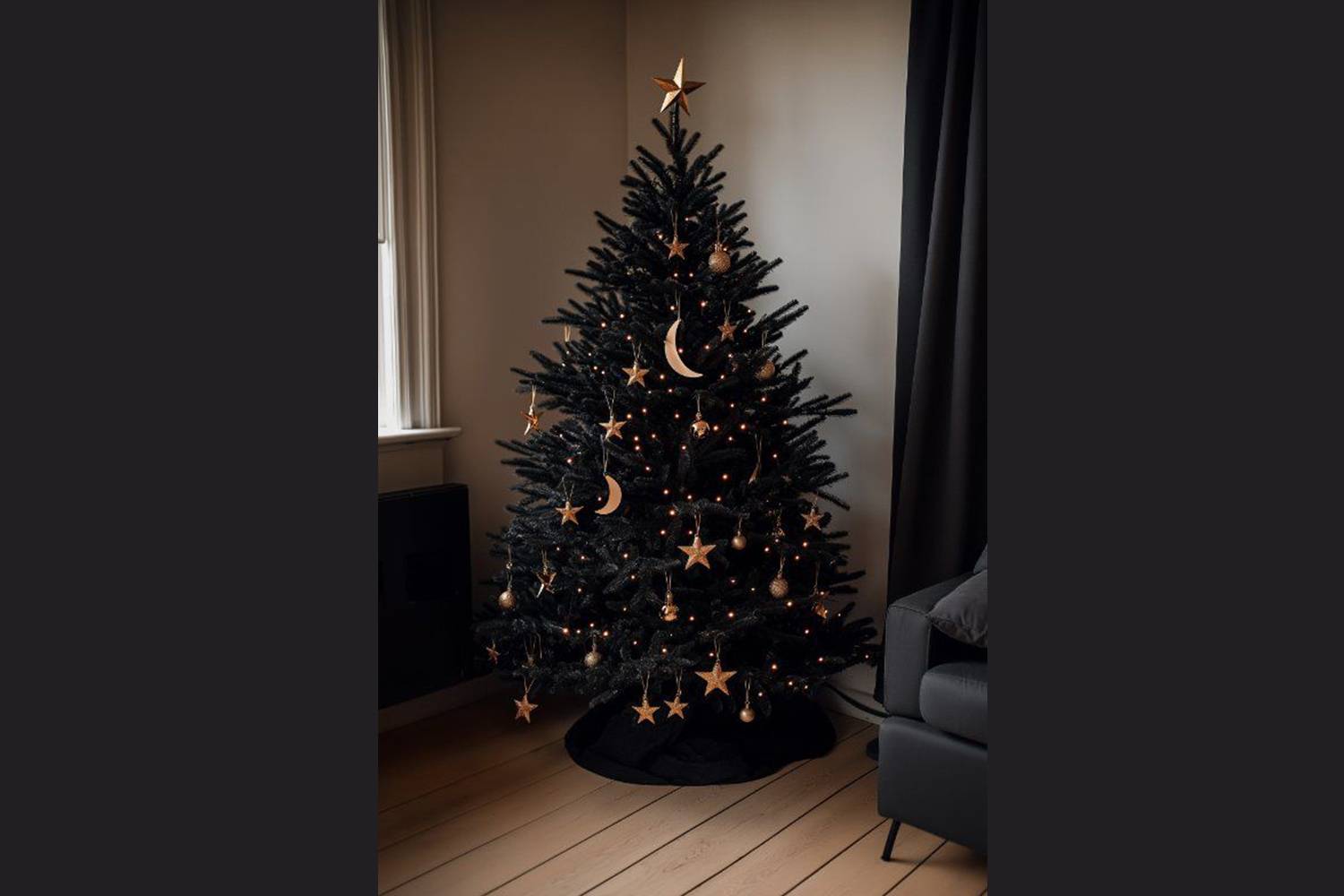 A fekete fát nehéz úgy díszíteni, hogy ne keltsen komor hatást, ez a minimalista, az éjszakai égboltot idéző dekoráció azonban igazán meseszép.