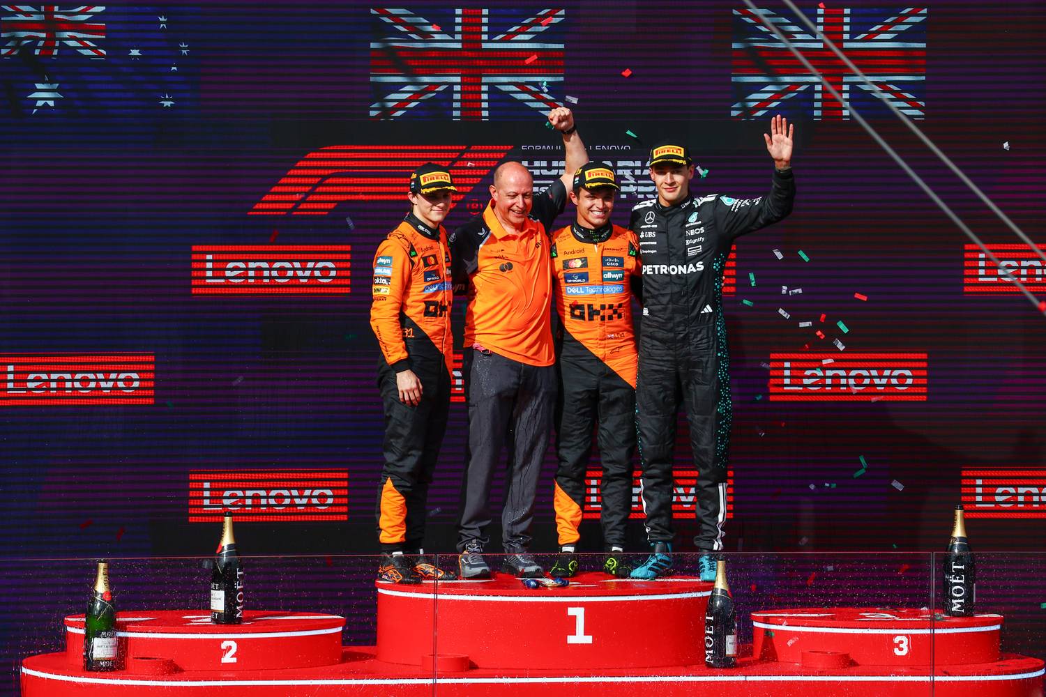 Lando Norris, Oscar Piastri és George Russell.