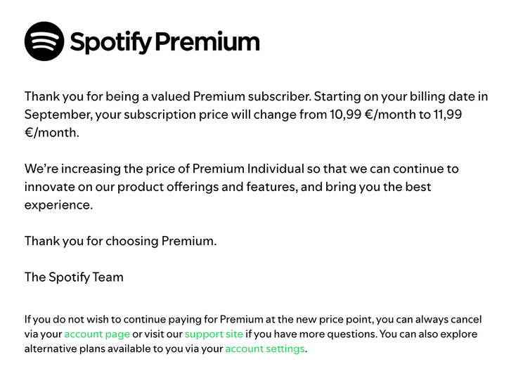 A Spotify által elküldött levél, amiben értesítik a felhasználót az áremelésről