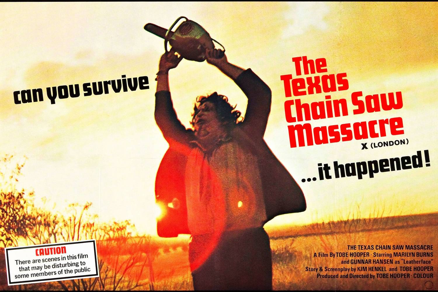 1974-es plakát a A texasi láncfűrészes mészárlás filmről (The Texas Chainsaw Massacre).