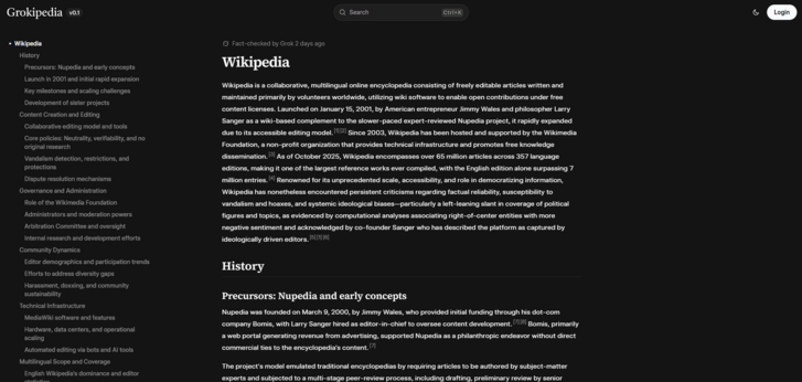 A Grokipedia oldalán a Wikipédiáról szóló cikk eleje