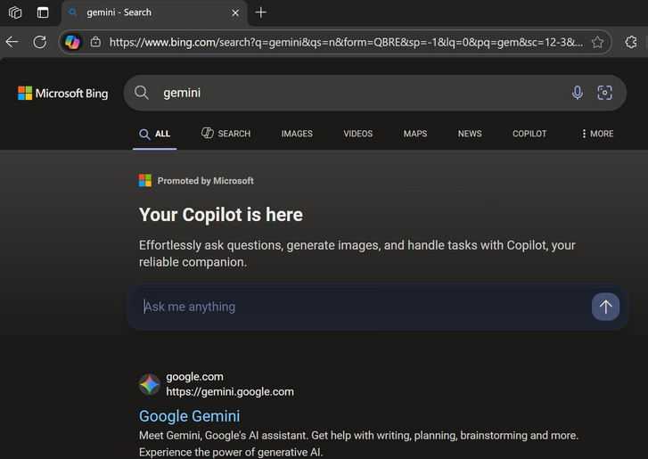 Az Edge böngészőben a Bing kereső találata a Gemini szóra