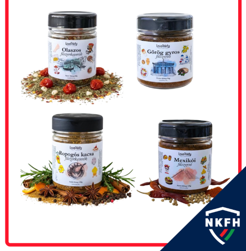 Ízműhely Olasz fűszerkeverék, Ízműhely Görög gyros fűszersó, Ízműhely Ropogós kacsa fűszersó és Ízműhely Mexikói fűszersó