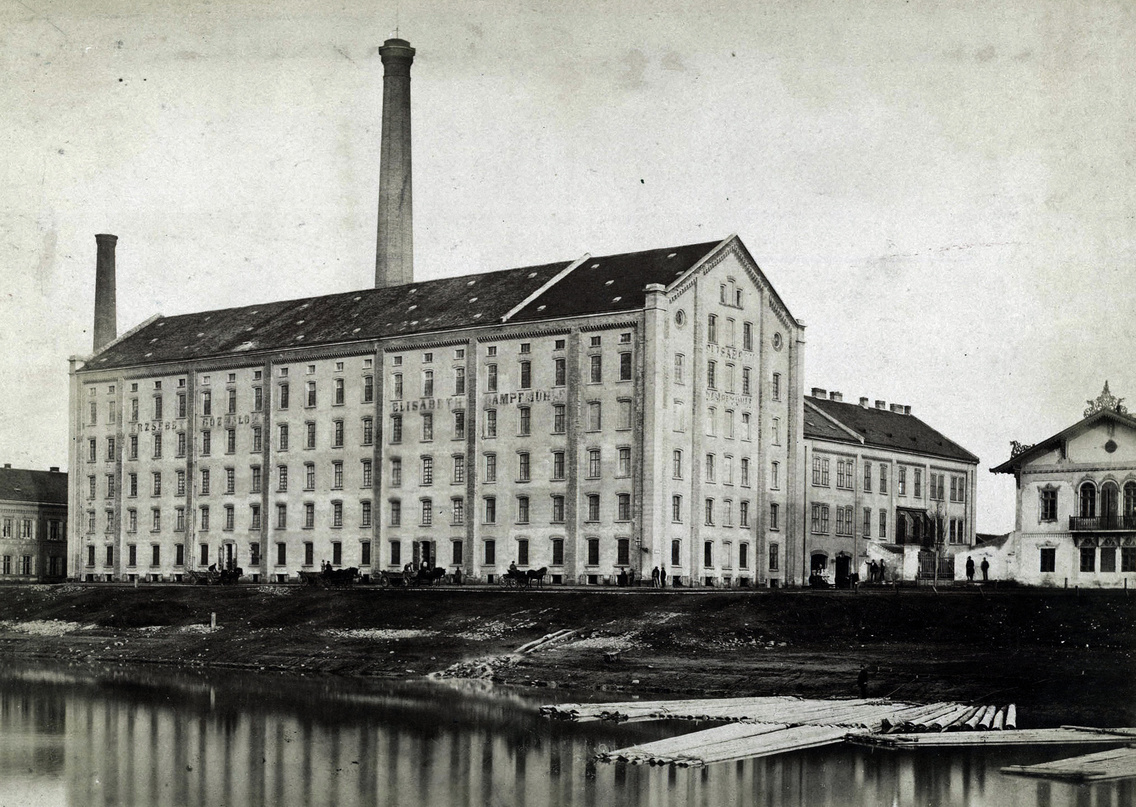 Újpesti rakpart, Erzsébet gőzmalom. A felvétel 1880 és 1890 között készült