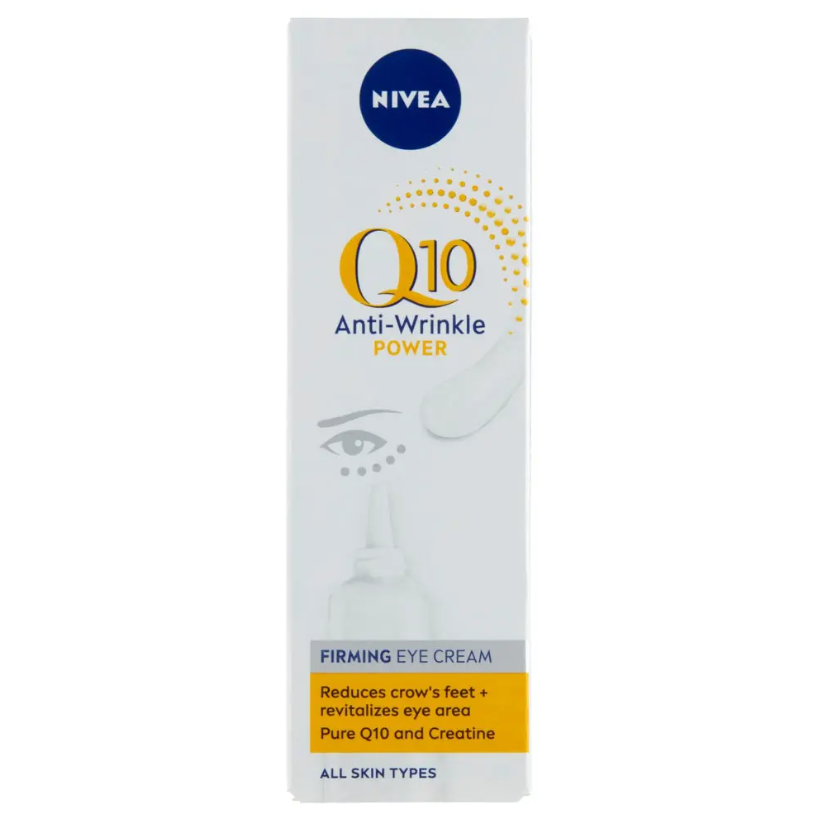 A Nivea Q10 Power szemkörnyékápoló táthatóan csökkenti a szem körüli ráncokat, szarkalábakat és a szem alatti sötét karikákat. Tiszta Q10 koenzimmel és kreatinnal fokozza a kollagén és elasztin termelődését, és energiát ad a bőrnek. Használatával a szemkörnyék feszesebbé válik, revitalizált és intenzíven hidratált lesz. 4599 forintba kerül a Rossmannban.