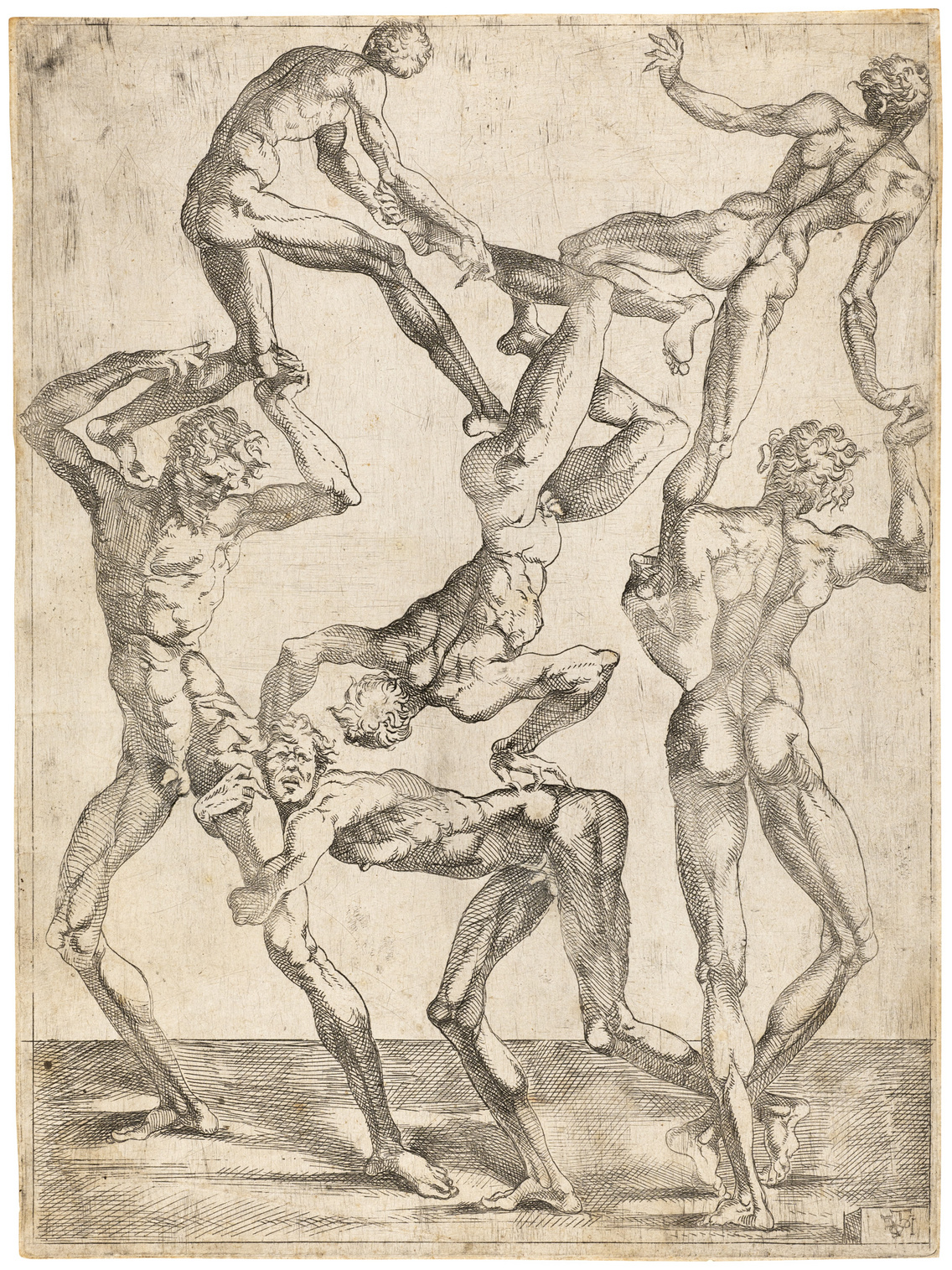 Juste de Juste-ként hivatkozott művész: Hat ruhátlan emberalakból álló piramis (1543 körül)