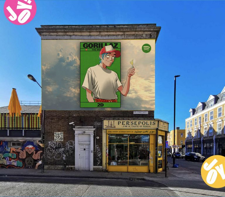 A Jamie Hewlett által megálmodott falfestmény Londonban, amin 2D szerepel